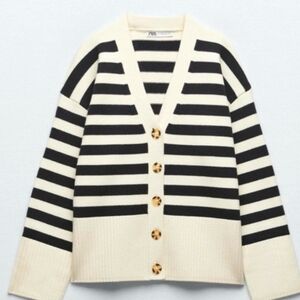 Zara Oversized Cream and Black Striped Cardigan Sz M
